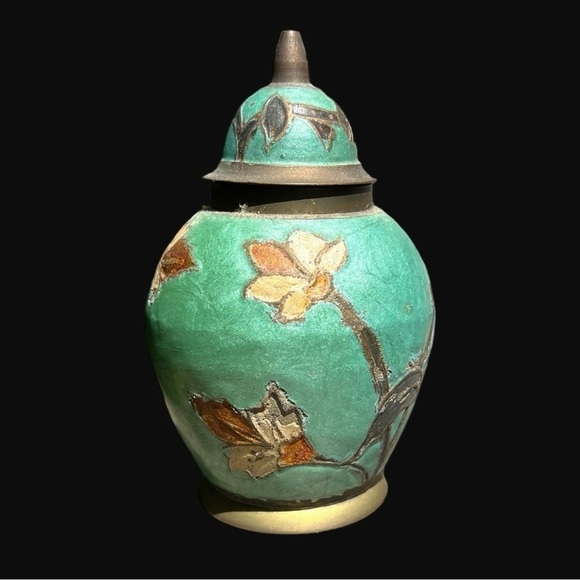 🌻VINTAGE Teal Floral Brass Urn with Lid || Home Decor  || Made In India - Picture 2 of 12